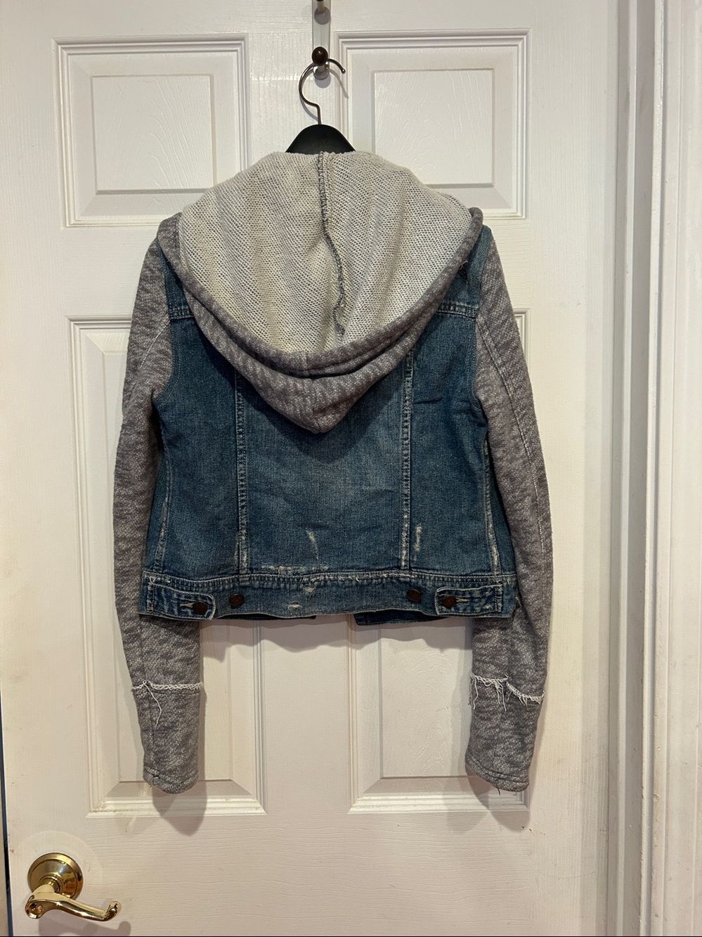 Free People Blue Denim Jacket with Gray Knit Hood & Sleeves - Picture 3 of 3